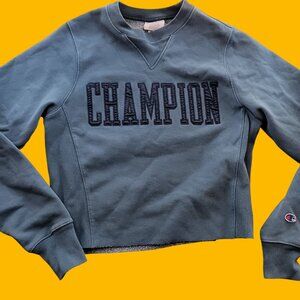 XS Champion Reverse Weave Blue Gray Sweatshirt With Embroidered Logo Cropped